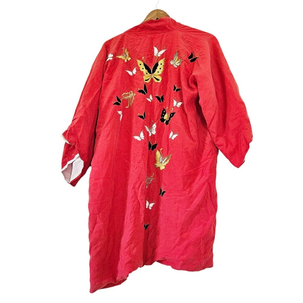 Vtg Japanese 100% Silk Kimono Embroidered Butterflies Red Pockets Open Front